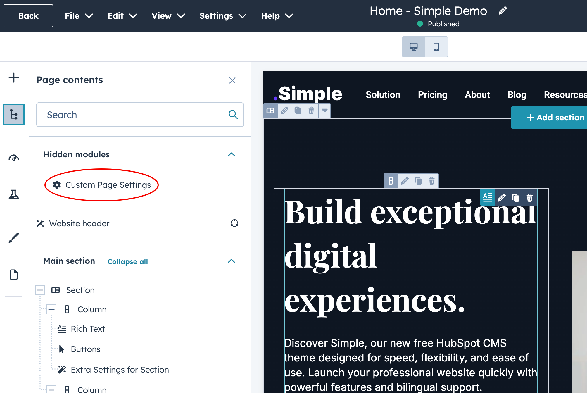 Custom page settings panel in HubSpot CMS