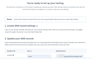 DNS records instructions or status in HubSpot